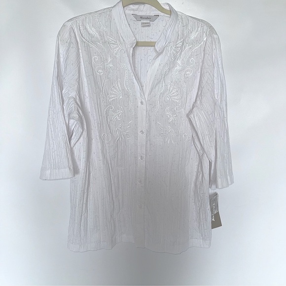 NWT Tanjay White Embroidered Button-Up Blouse 3/4 sleeve size 14 mandarin collar - Picture 8 of 10